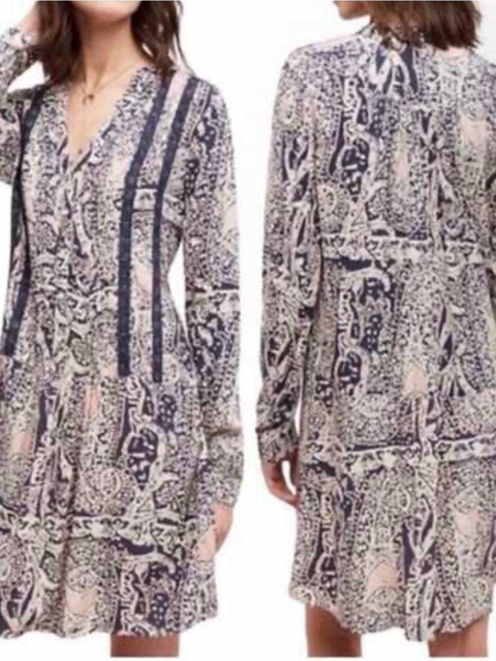 Tiny Anthropologie Caviana Paisley V-Neck Long Sleeve Dress in Navy and Cream